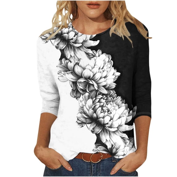 CYMMPU Loose Fit Crew Neck Floral Pattern Spring Tops Blouses for Women Dressy Casual Fall Trendy Shirts Tunic Tops 3/4 Sleeve Lightweight Basic Tees Multicolor XL
