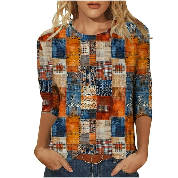 CYMMPU Blouses for Women Dressy Casual Round Neck Loose Fit Spring Tunic Tops Flower Pattern Summer Trendy Shirts 3/4 Sleeve Lightweight Basic Tees Multicolor XXXXXL