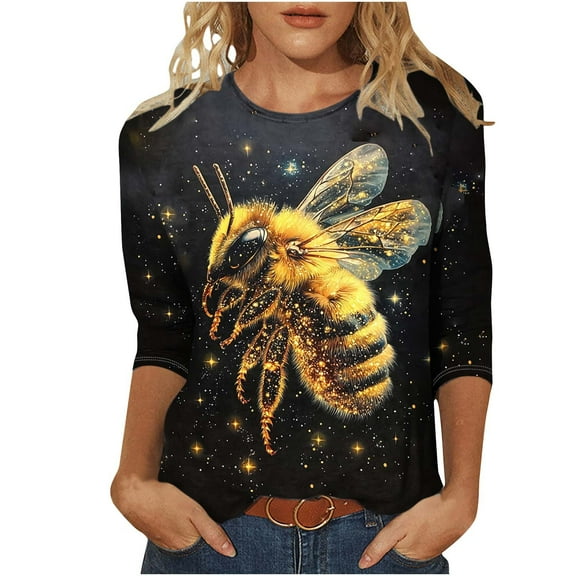 CYMMPU Blouses for Women Dressy Casual Round Neck Loose Fit Summer Trendy Shirts Bee Pattern Spring Tunic Tops 3/4 Sleeve Lightweight Basic Tees Multicolor XXXXXL