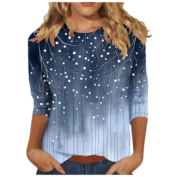 CYMMPU Blouses for Women Dressy Casual Round Neck Loose Fit Tunic Tops 3/4 Sleeve Floral Pattern Fall Fashion Shirts Spring Tops Lightweight Basic T-Shirts Dark Blue M