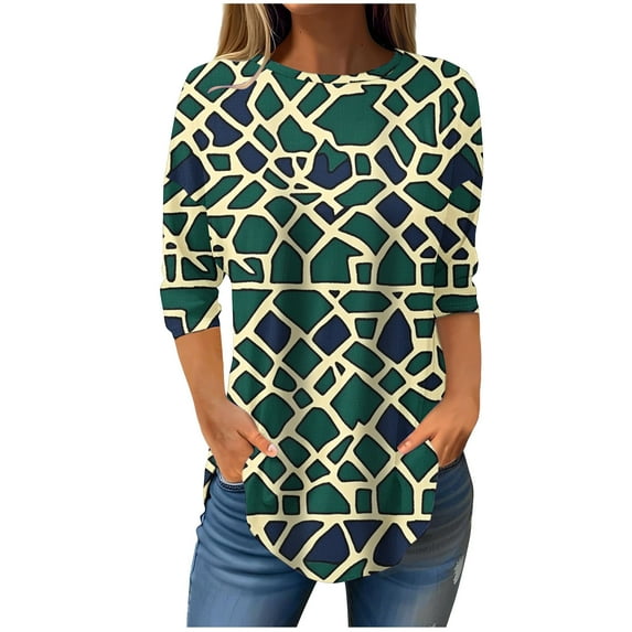 CYMMPU Blouses for Women Dressy Casual Round Neck Loose Fit Tunic Tops Flower Printed Spring Tops 3/4 Sleeve Fall Trendy Shirts Hide Low Hem Plus Size T-Shirts XXXL
