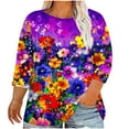 thumbnail image 1 of CYMMPU Blouses for Women Dressy Casual Round Neck Spring Tops 3/4 Sleeve Fall Fashion Shirts Flower Pattern Tunic Tops Loose Fit Plus Size Blouse Purple XXXXXL, 1 of 5
