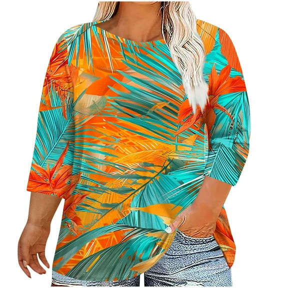 CYMMPU Blouses for Women Dressy Casual Round Neck Spring Tops 3/4 Sleeve Floral Pattern Loose Fit Tunic Tops Fall Trendy Shirts Plus Size T-Shirt Green L