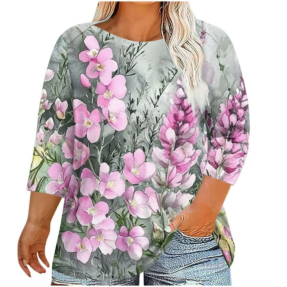 CYMMPU Blouses for Women Dressy Casual Round Neck Spring Tops 3/4 Sleeve Floral Printed Summer Fashion Shirts Loose Fit Tunic Tops Plus Size Blouse Pink XL