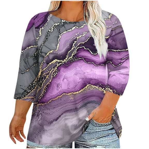 CYMMPU Blouses for Women Dressy Casual Round Neck Spring Tops 3/4 Sleeve Summer Trendy Shirts Tunic Tops Loose Fit Floral Printed Plus Size T-Shirt Purple XXXXL