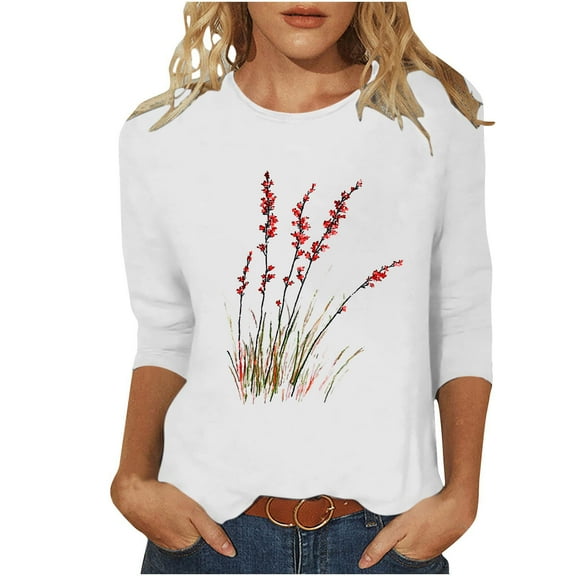 CYMMPU Blouses for Women Dressy Casual Round Neck Spring Tops Flower Printed Tunic Tops Loose Fit 3/4 Sleeve Fall Trendy Shirts Lightweight Basic Tees White XL