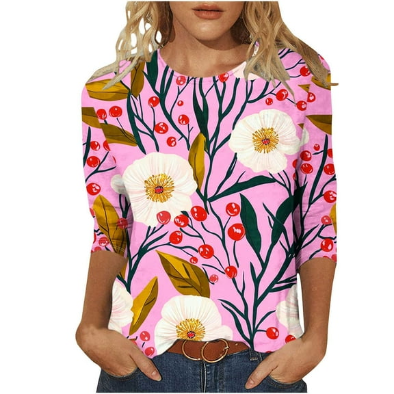CYMMPU Blouses for Women Dressy Casual Round Neck Spring Tops Loose Fit 3/4 Sleeve Flower Printed Tunic Tops Fall Fashion Shirts Lightweight Basic T-Shirts Multicolor L