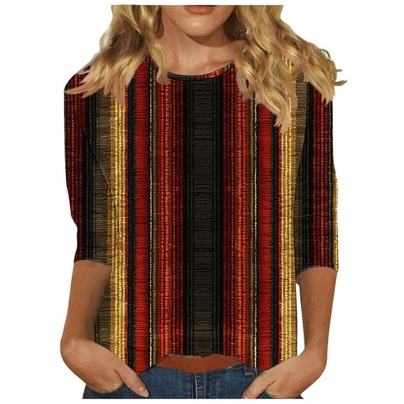 CYMMPU Blouses for Women Dressy Casual Round Neck Striped Ombre Fall Fashion Shirts 3/4 Sleeve Spring Tunic Tops Loose Fit Dye Tie T-Shirts Multicolor XL