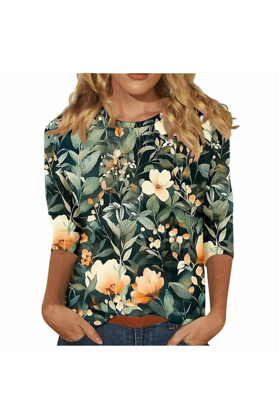 Blouses for Women Dressy Casual Round Neck Summer Fashion Shirts Loose Fit Spring Tops T-Shirts Flower Pattern 3/4 Sleeve Lightweight Basic T-Shirts Multicolor S