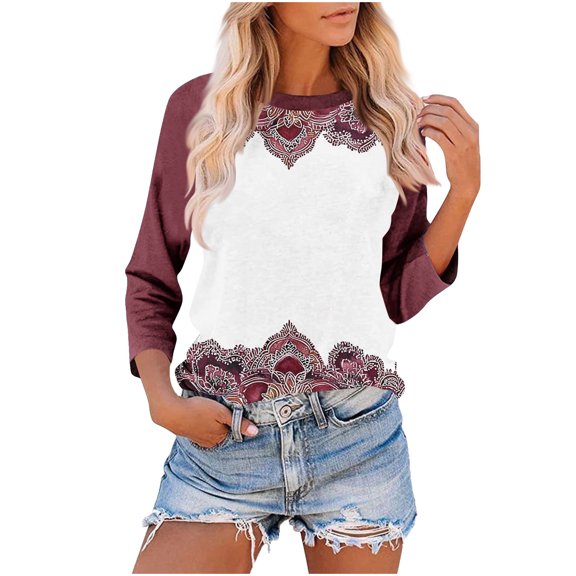 CYMMPU Blouses for Women Dressy Casual Round Neck Summer Trendy Shirts 3/4 Sleeve Flower Pattern Tunic Tops Loose Fit Spring Tops Lightweight Basic Tees XXXL