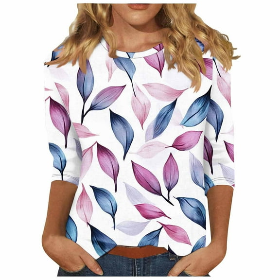CYMMPU Blouses for Women Dressy Casual Round Neck Summer Trendy Shirts Loose Fit Spring Tops Flower Printed Tunic Tops 3/4 Sleeve Lightweight Basic Tees Multicolor XXXXXL