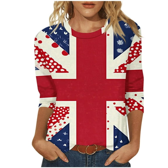 CYMMPU Blouses for Women Dressy Casual Round Neck Summer Trendy Shirts Spring Tunic Tops Loose Fit Flower Pattern 3/4 Sleeve Lightweight Basic Tees Blue XL