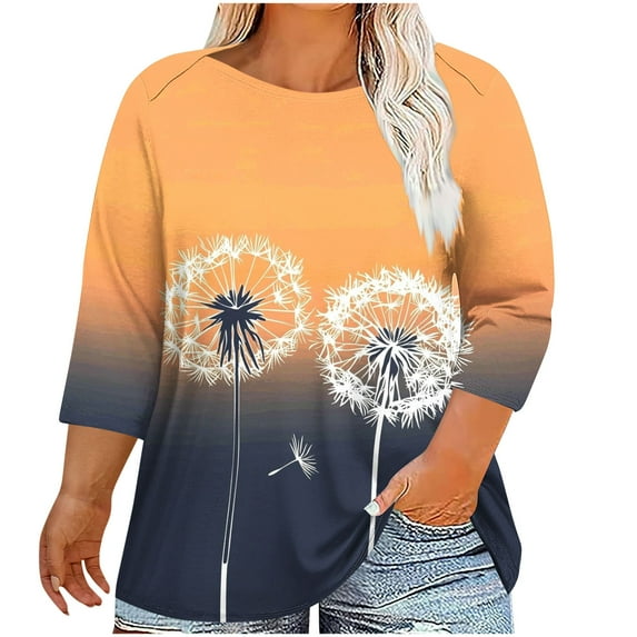 CYMMPU Blouses for Women Dressy Casual Round Neck T-Shirts Floral Printed 3/4 Sleeve Summer Fashion Shirts Loose Fit Spring Tops Plus Size Blouse XXXL