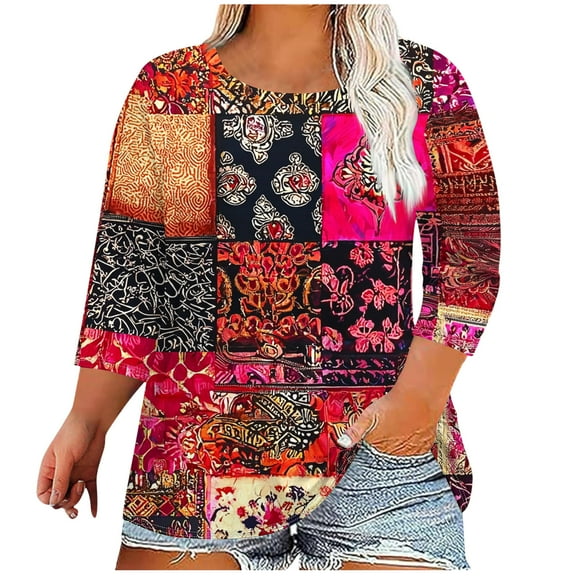 CYMMPU Blouses for Women Dressy Casual Round Neck Tunic Tops 3/4 Sleeve Fall Fashion Shirts Flower Pattern Spring Tops Loose Fit Lightweight Basic T-Shirts Hot Pink XXXXL