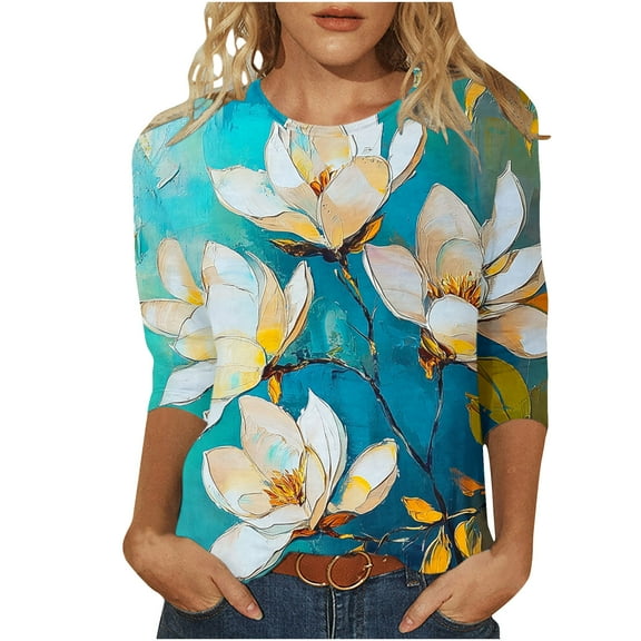 CYMMPU Blouses for Women Dressy Casual Round Neck Tunic Tops Fall Fashion Shirts 3/4 Sleeve Floral Printed Spring Tops Loose Fit Lightweight Basic T-Shirts Multicolor M