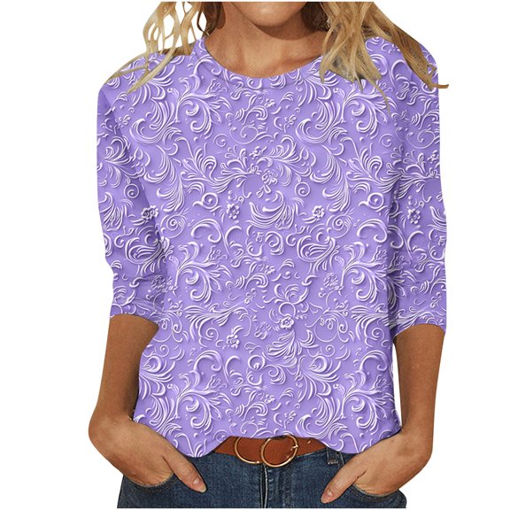 CYMMPU Blouses for Women Dressy Casual Round Neck Tunic Tops Fall Trendy Shirts Loose Fit Floral Printed 3/4 Sleeve Spring Tops Lightweight Basic Tees Multicolor XXXXL