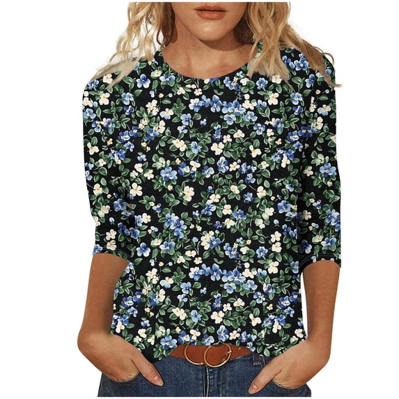 CYMMPU Blouses for Women Dressy Casual Round Neck Tunic Tops Spring Tops 3/4 Sleeve Fall Fashion Shirts Floral Printed Loose Fit Lightweight Basic T-Shirts Navy S