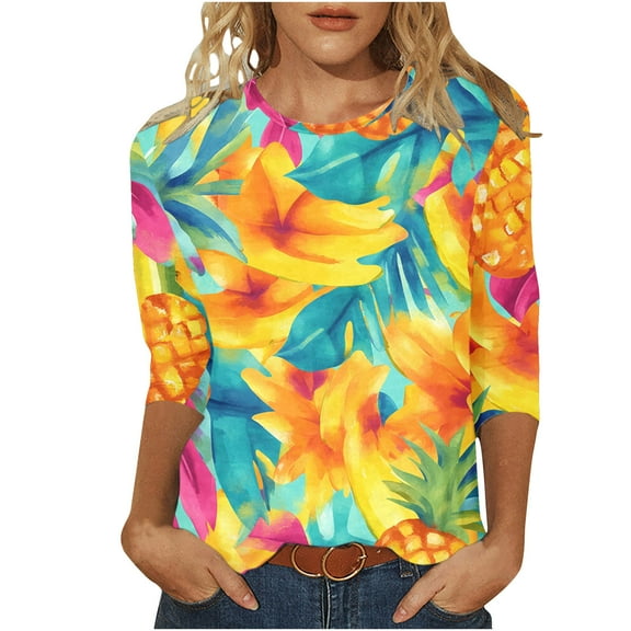 CYMMPU Blouses for Women Dressy Casual Round Neck Tunic Tops Spring Tops 3/4 Sleeve Floral Pattern Loose Fit Summer Fashion Shirts Lightweight Basic T-Shirts Multicolor M