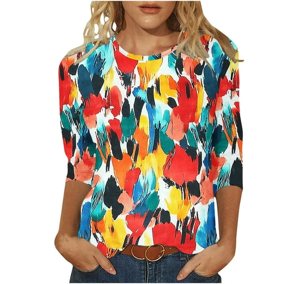 CYMMPU Blouses for Women Dressy Casual Round Neck Tunic Tops Spring Tops Floral Pattern Fall Fashion Shirts 3/4 Sleeve Loose Fit Lightweight Basic T-Shirts Multicolor S