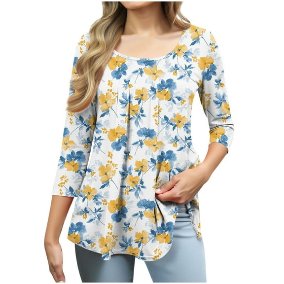 CYMMPU Blouses for Women Dressy Casual Scoop Neck 3/4 Sleeve Loose Fit Spring Tunic Tops Summer Fashion Shirts Floral Printed A-line Pleated Topss Yellow M