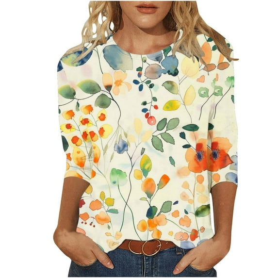 CYMMPU Blouses for Women Dressy Casual T-Shirts 3/4 Sleeve Round Neck Floral Printed Loose Fit Fall Fashion Shirts Spring Tops Lightweight Basic T-Shirts S