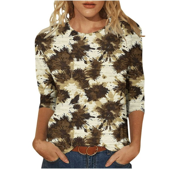 CYMMPU Blouses for Women Dressy Casual Tunic Tops 3/4 Sleeve Crew Neck Floral Printed Loose Fit Spring Tops Summer Trendy Shirts Lightweight Basic Tees Multicolor L