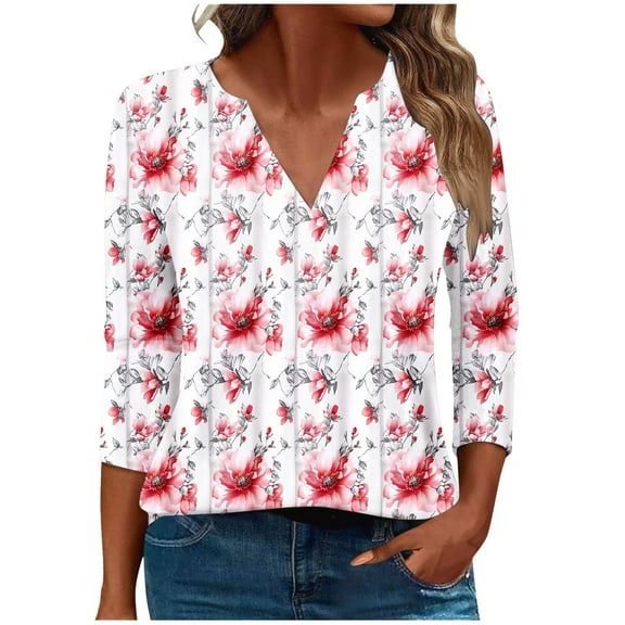 CYMMPU Blouses for Women Dressy Casual V Neck 3/4 Sleeve Fall Fashion Shirts Tunic Tops Loose Fit Flower Printed Spring Tops Business Elegant Work Topss Multicolor XXL