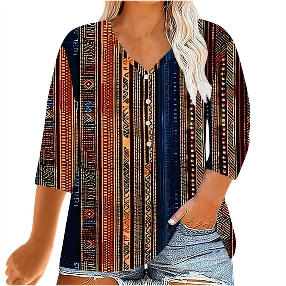 CYMMPU Blouses for Women Dressy Casual V Neck 3/4 Sleeve Loose Fit T-Shirts Spring Tops Floral Pattern Fall Fashion Shirts Plus Size Blouse Multicolor XXXXL