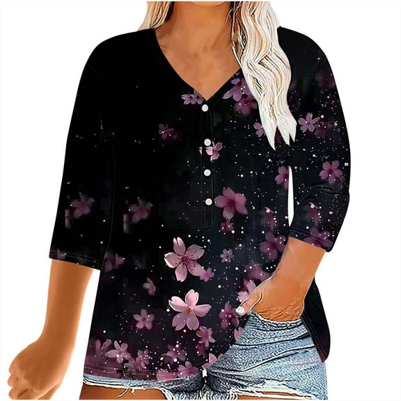 CYMMPU Blouses for Women Dressy Casual V Neck 3/4 Sleeve Loose Fit Tunic Tops Spring Tops Summer Trendy Shirts Flower Pattern Plus Size T-Shirt Multicolor L