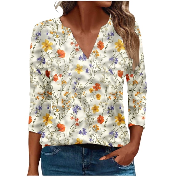 CYMMPU Blouses for Women Dressy Casual V Neck 3/4 Sleeve Summer Fashion Shirts Spring Tops Floral Printed Loose Fit T-Shirts Business Elegant Work Topss Multicolor S