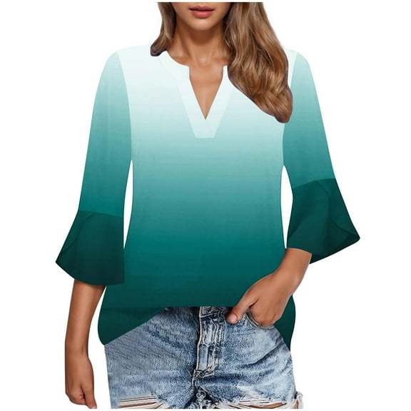 CYMMPU Blouses for Women Dressy Casual V Neck Flower Pattern Fall Fashion Shirts 3/4 Sleeve Loose Fit Tunic Tops Spring Tops Business Elegant Work Topss Blue XXL