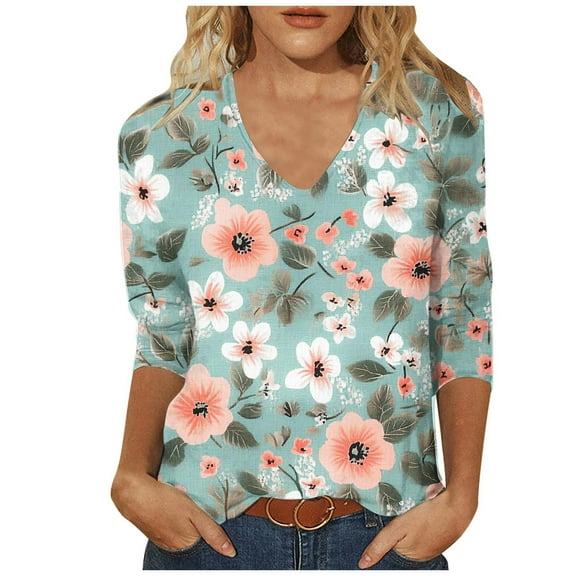 CYMMPU Blouses for Women Dressy Casual V Neck Flower Printed Tunic Tops Fall Trendy Shirts Spring Tops 3/4 Sleeve Loose Fit Business Elegant Work Tops T-Shirts XL