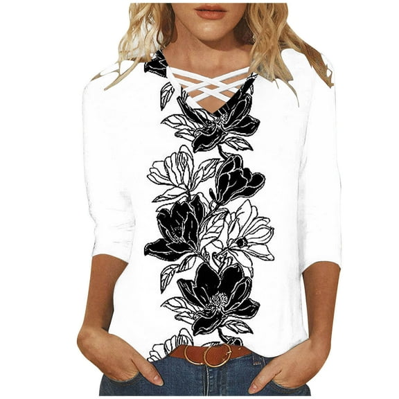 CYMMPU Blouses for Women Dressy Casual V Neck Loose Fit 3/4 Sleeve Spring Tops Summer Fashion Shirts Flower Pattern Tunic Tops Business Elegant Work Topss M