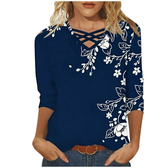 CYMMPU Blouses for Women Dressy Casual V Neck Loose Fit Tunic Tops 3/4 Sleeve Floral Printed Spring Tops Summer Trendy Shirts Business Elegant Work Tops T-Shirts XXXXL