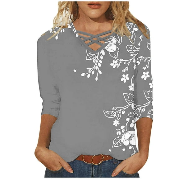 CYMMPU Blouses for Women Dressy Casual V Neck Loose Fit Tunic Tops 3/4 Sleeve Summer Fashion Shirts Spring Tops Floral Printed Business Elegant Work Topss XXL