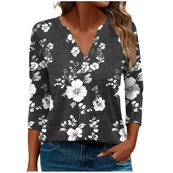 CYMMPU Blouses for Women Dressy Casual V Neck Spring Tunic Tops Floral Printed Summer Trendy Shirts Loose Fit 3/4 Sleeve Business Elegant Work Tops T-Shirts M