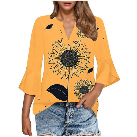 CYMMPU Blouses for Women Dressy Casual V Neck Summer Fashion Shirts Loose Fit Tunic Tops Floral Printed Spring Tops 3/4 Sleeve Flare Hem Hide Belly Tops to Wear with Leggings T-Shirts XL