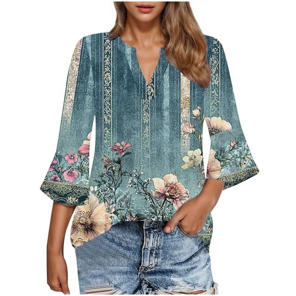 CYMMPU Blouses for Women Dressy Casual V Neck Summer Trendy Shirts Loose Fit Tunic Tops 3/4 Sleeve Spring Tops Flower Pattern Flare Sleeve Business Elegant Work Tops T-Shirts L