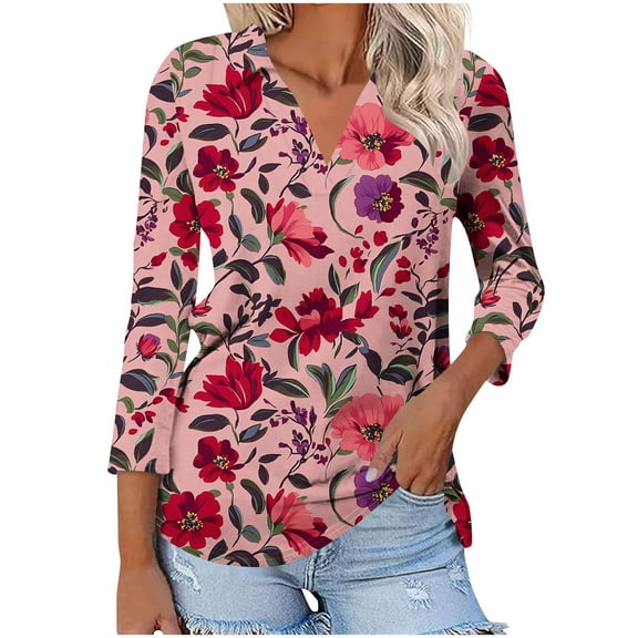 CYMMPU Blouses for Women Dressy Casual V Neck Tunic Tops Fall Fashion Shirts 3/4 Sleeve Loose Fit Floral Pattern Spring Tops Business Elegant Work Topss M