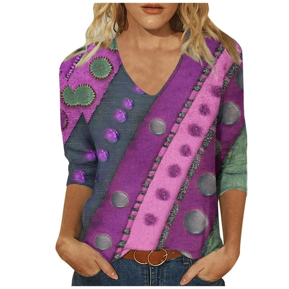 CYMMPU Blouses for Women Dressy Casual V Neck Tunic Tops Fall Fashion Shirts Spring Tops 3/4 Sleeve Floral Printed Loose Fit Business Elegant Work Topss S