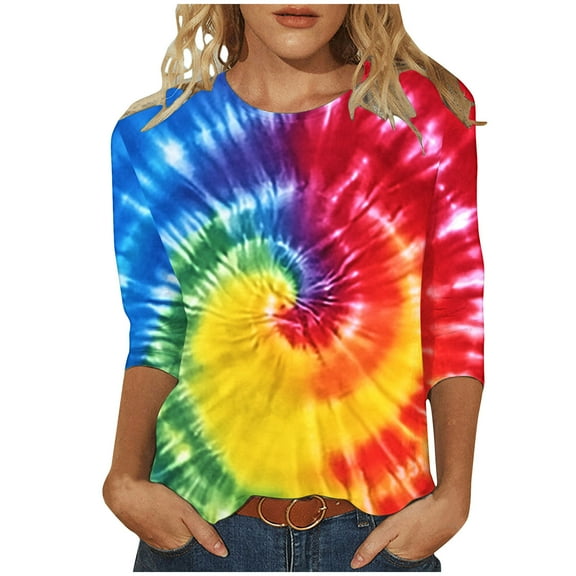 CYMMPU Blouses for Women Dressy Casual Crew Neck Summer Fashion Shirts Spring Tops 3/4 Sleeve Tunic Tops Loose Fit Tie Dye Ombre T-Shirts XL