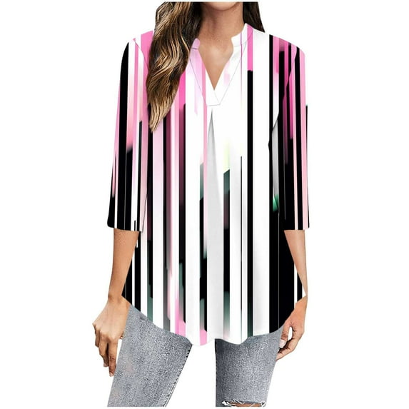 CYMMPU Blouses for Women Dressy Casual Pleated V Neck Tunic Tops Spring Tops 3/4 Sleeve Loose Fit Striped Ombre Fall Fashion Shirts Flowy Topss XL