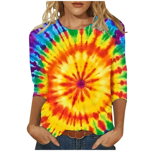 CYMMPU Blouses for Women Dressy Casual Round Neck Fall Trendy Shirts Tie Dye Tunic Tops Spring Tops 3/4 Sleeve Loose Fit Ombre T-Shirts L
