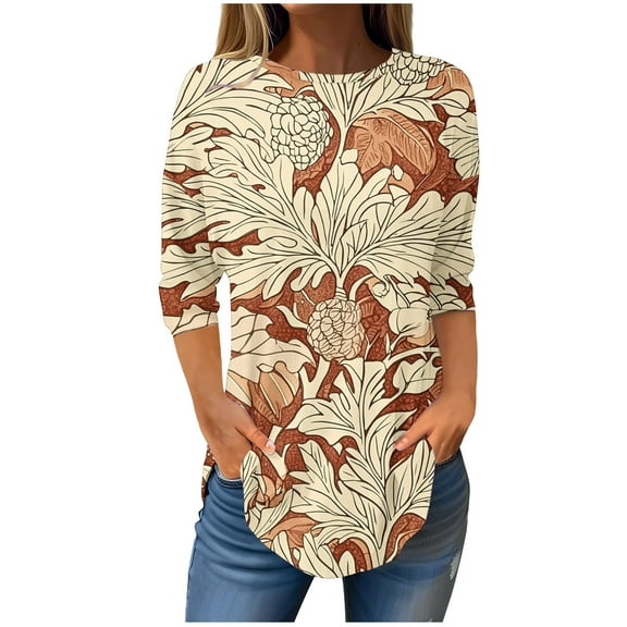 CYMMPU Blouses for Women Dressy Casual Round Neck Flower Printed Loose Fit Spring Tunic Tops 3/4 Sleeve Fall Trendy Shirts Pleated Dressy T-Shirts M