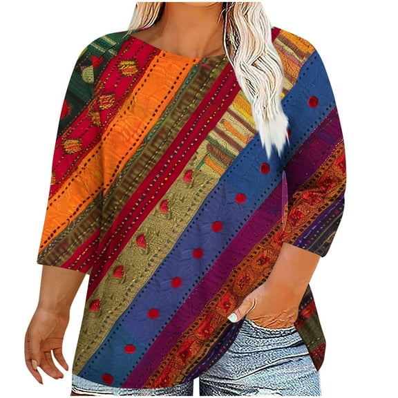 CYMMPU Blouses for Women Dressy Casual Round Neck Tunic Tops Floral Printed Fall Fashion Shirts Loose Fit 3/4 Sleeve Spring Tops Plus Size Blouse XL