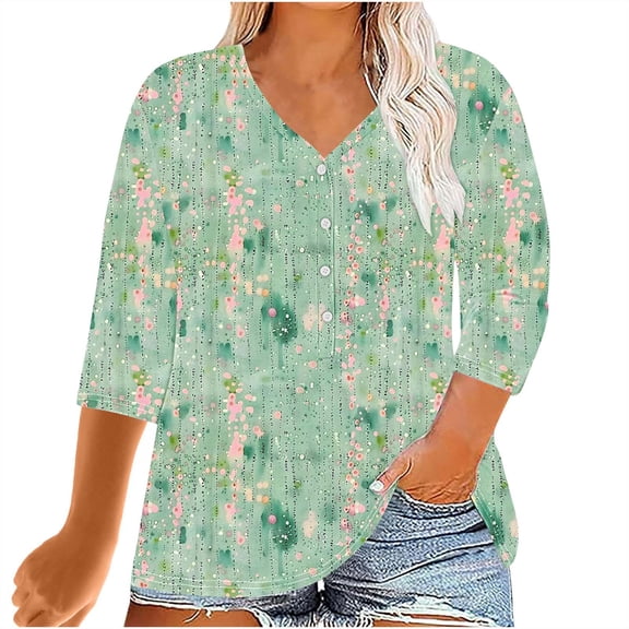 CYMMPU Blouses for Women Dressy Casual V Neck Tunic Tops Spring Tops Flower Pattern Loose Fit Summer Trendy Shirts 3/4 Sleeve Plus Size T-Shirt L