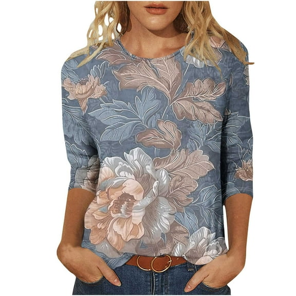 CYMMPU Business Work Blouses Dressy Tunic Tops Basic Tees Crewneck Casual Shirts Summer Fall Floral Printed 3/4 Length Sleeve 2025 Clothes for Women White XXL