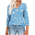 thumbnail image 1 of CYMMPU Business Work Blouses Dressy Tunic Tops V-Neck Floral Printed 3/4 Length Sleeve Summer Fall Shirts Casual Basic Tees 2025 Clothes for Women Sky Blue XXL, 1 of 8