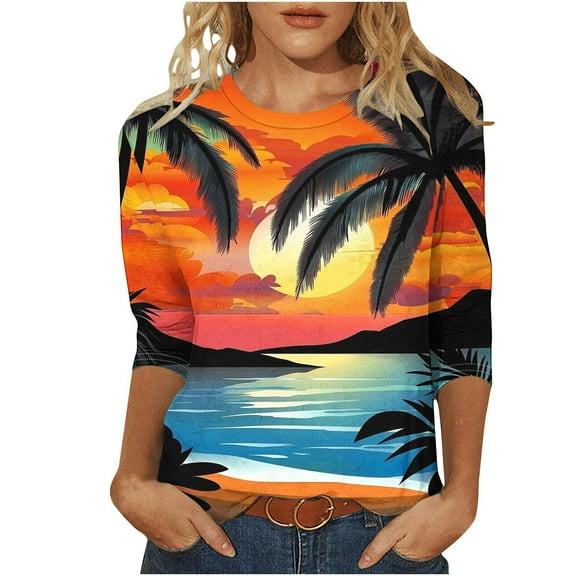 CYMMPU Business Work Blouses Fashion Tunic Tops Crewneck Shirts Floral Printed 3/4 Length Sleeve Summer Fall Vintage Basic Tees 2025 Clothes for Women Light Blue XXXXL