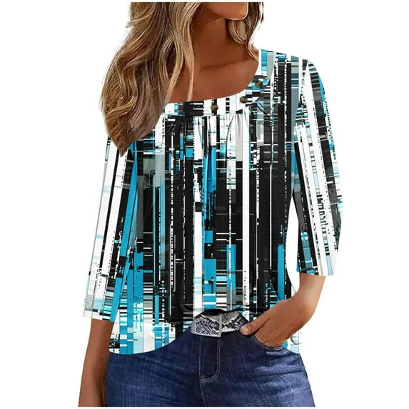 CYMMPU Business Work Blouses Fashion Tunic Tops Vintage Basic Tees Floral Printed 3/4 Length Sleeve Pleated Slanted Neck Summer Fall Shirts 2025 Clothes for Women Army Green M